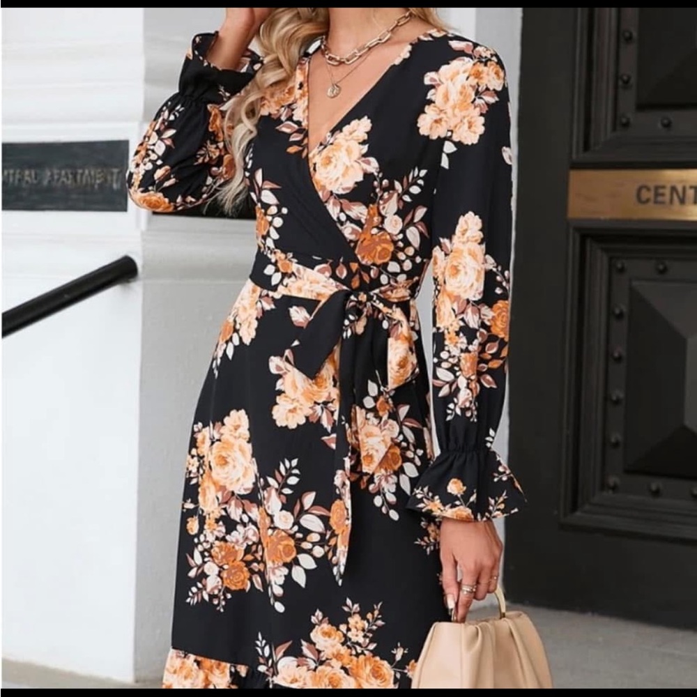 JJs House Black and Orange Floral Long Sleeve Dress- Never Worn